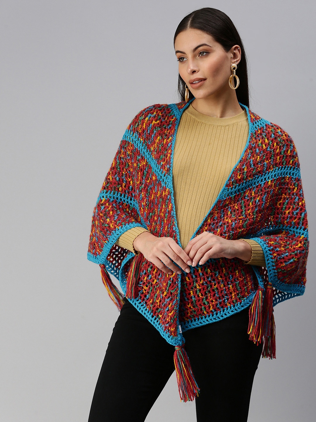 

Magic Needles Women Brown & Blue Striped Handmade Poncho