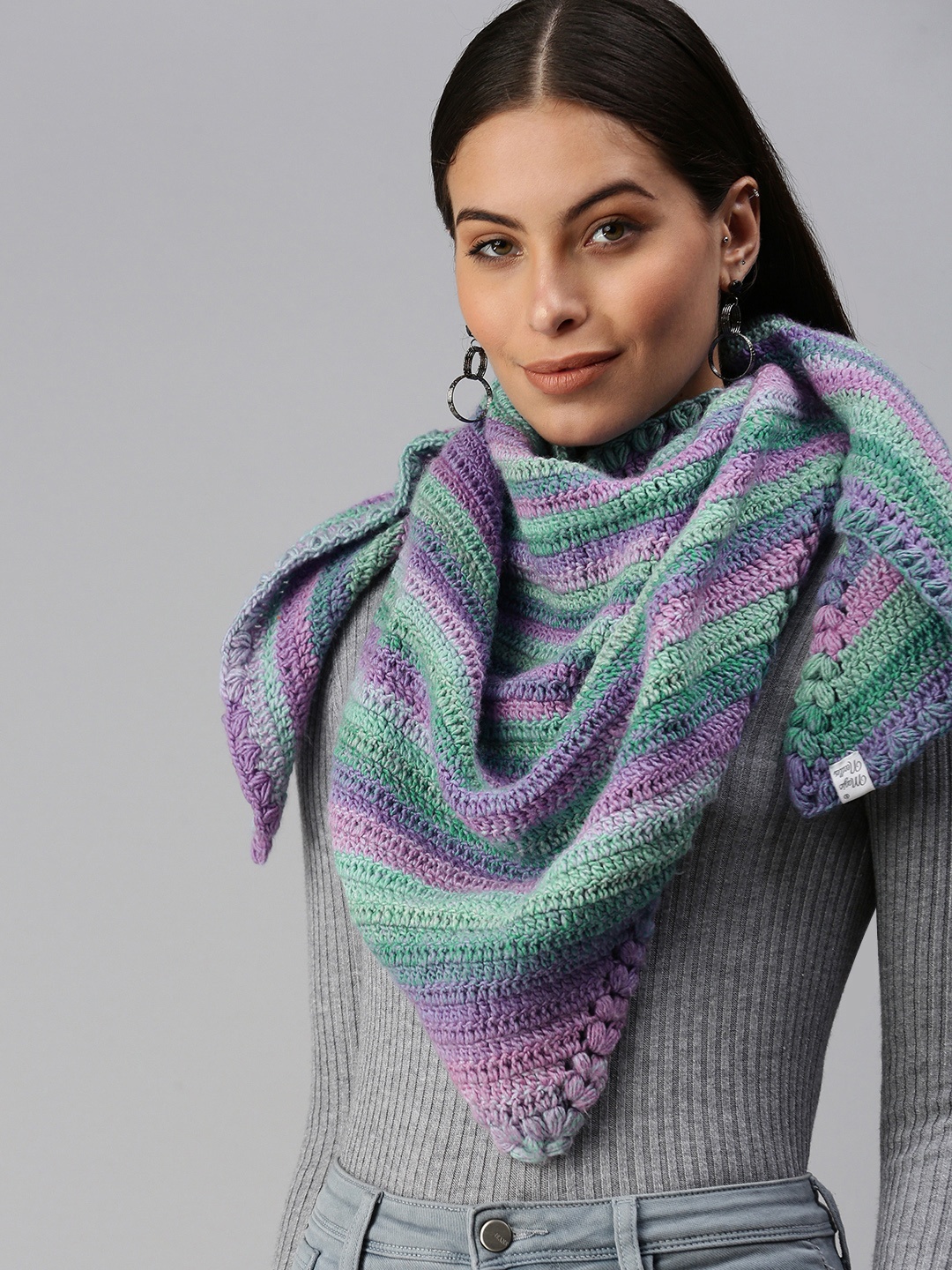 

Magic Needles Women Purple & Green Striped Scarf