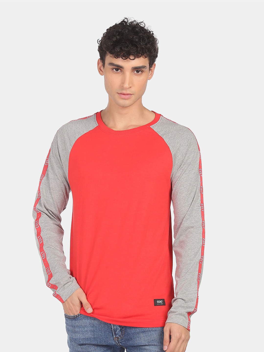 

Colt Men Red & Grey Colourblocked Cotton T-shirt
