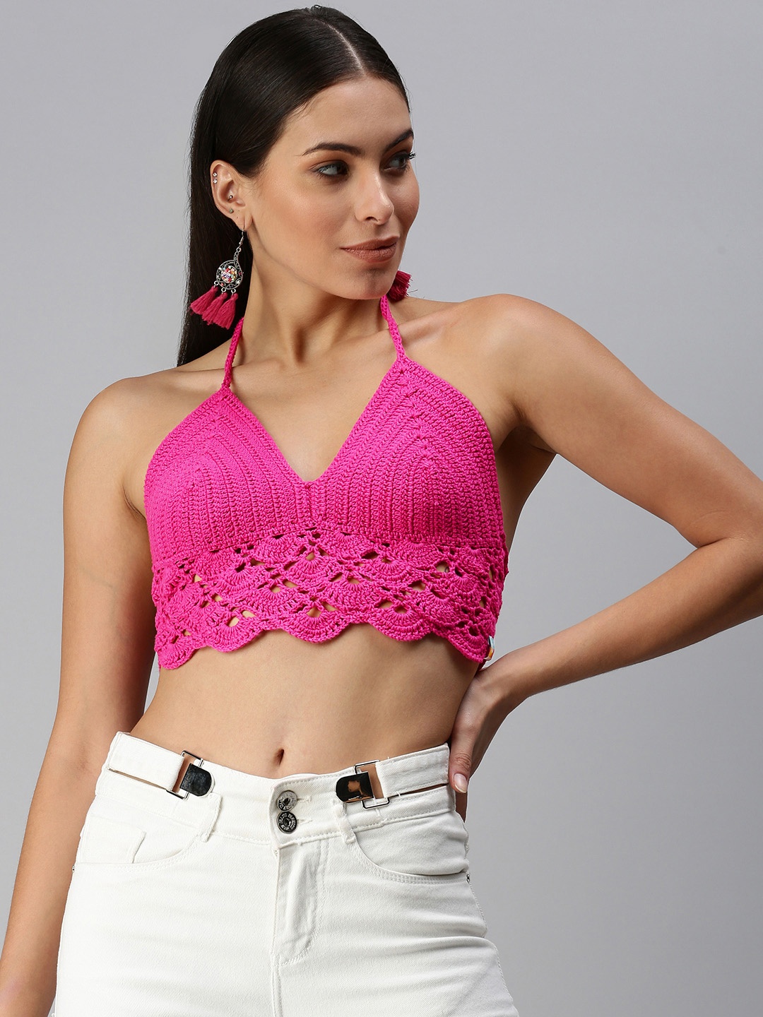 

Magic Needles Pink Woven Design Cotton Halter Neck Bralette Crop Top