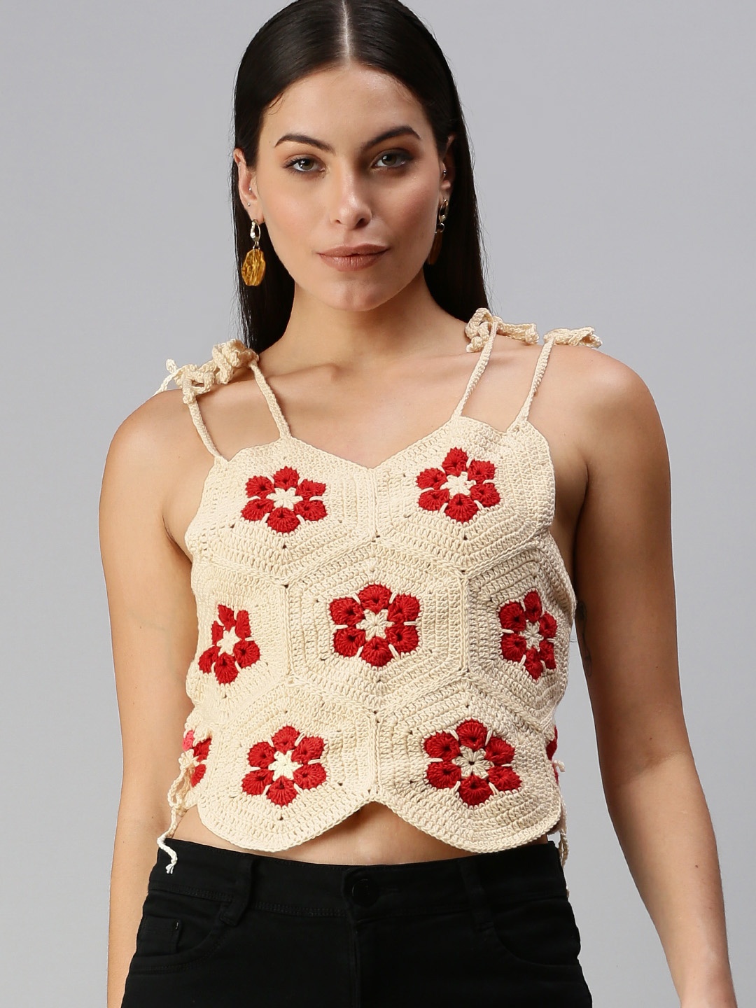 

Magic Needles Cream-Coloured & Red Floral Design Cotton Crop Top