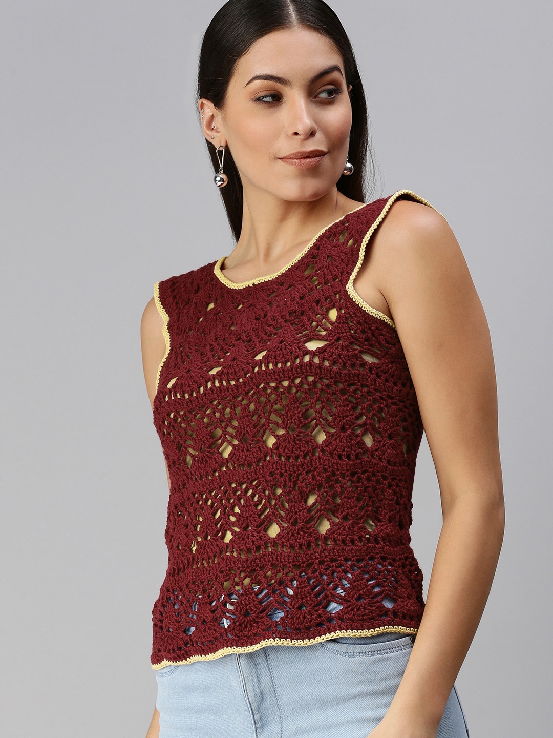 

Magic Needles Maroon Woven Design Cotton Top