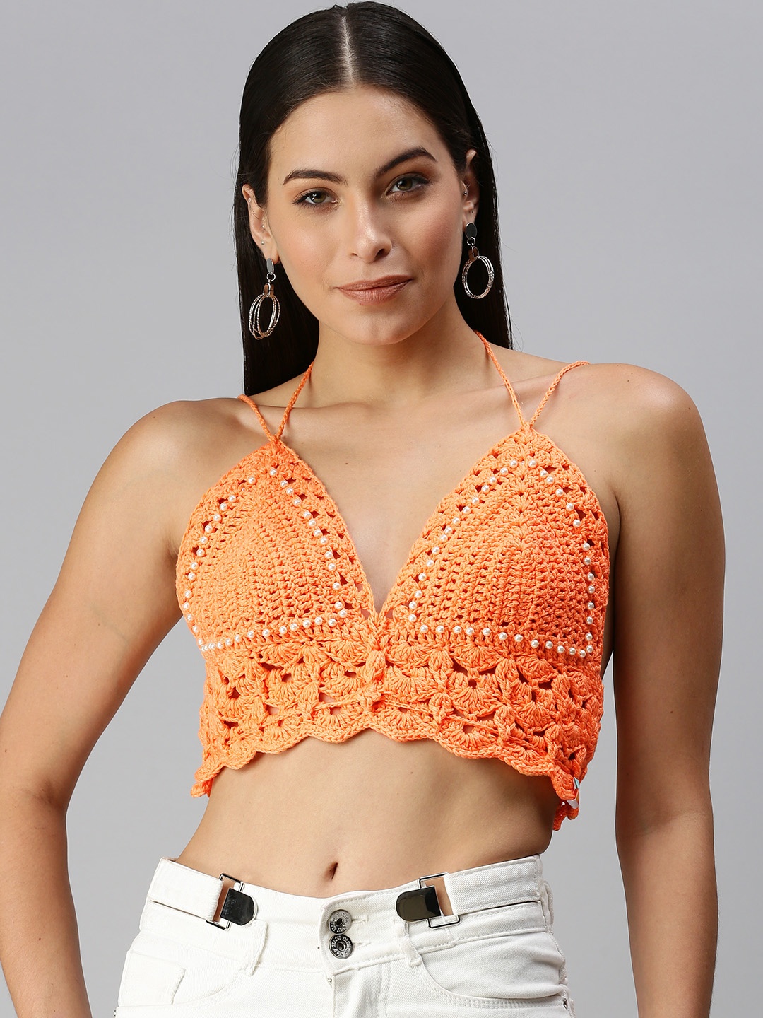 

Magic Needles Orange Woven Design Cotton Halter Neck Bralette Crop Top