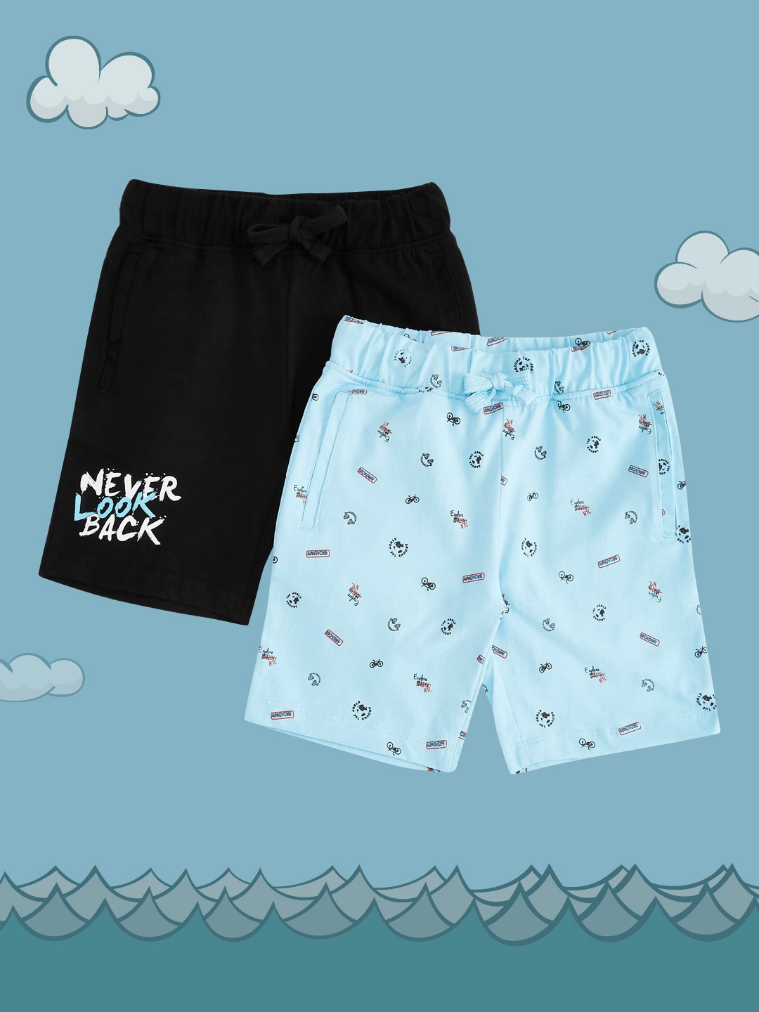 

Pantaloons Junior Boys Black Pack of 2 Printed Cotton Regular Shorts