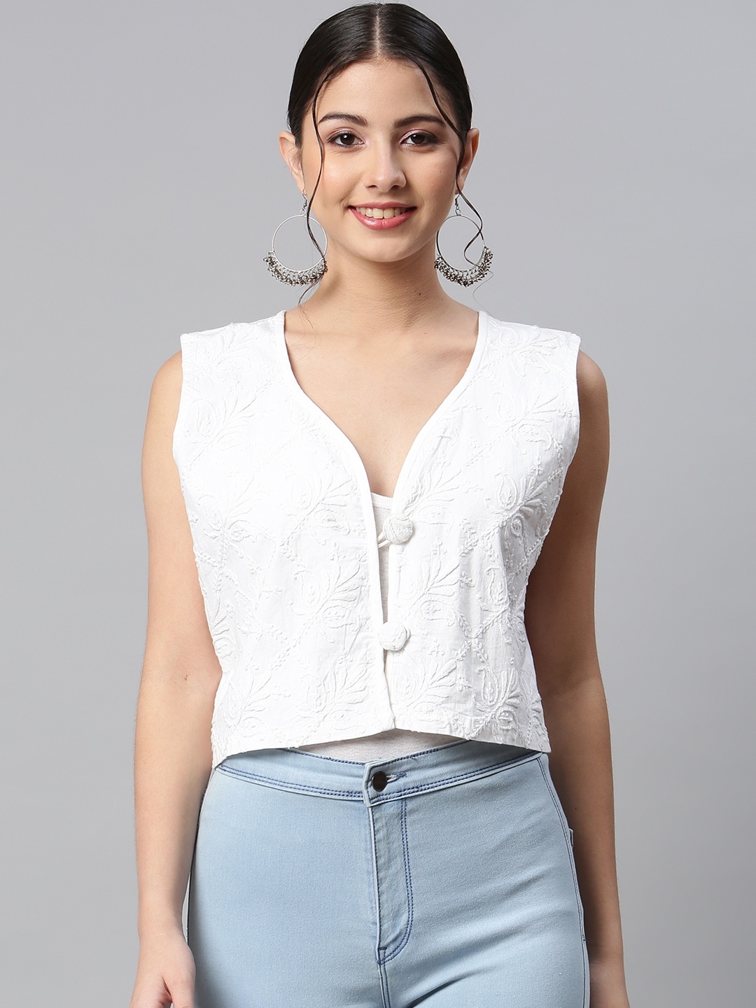 

SHADES Women White Floral Tailored Jacket with Chikankari Embroidered Detail