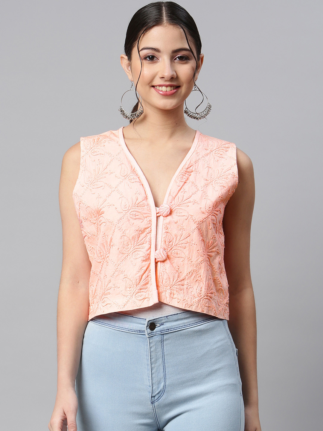 

SHADES Floral Tailored Jacket with Chikankari Embroidered Details, Peach