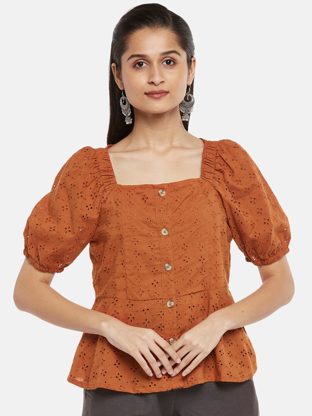 

AKKRITI BY PANTALOONS Rust Schiffli Puff Sleeves Pure Cotton Peplum Top