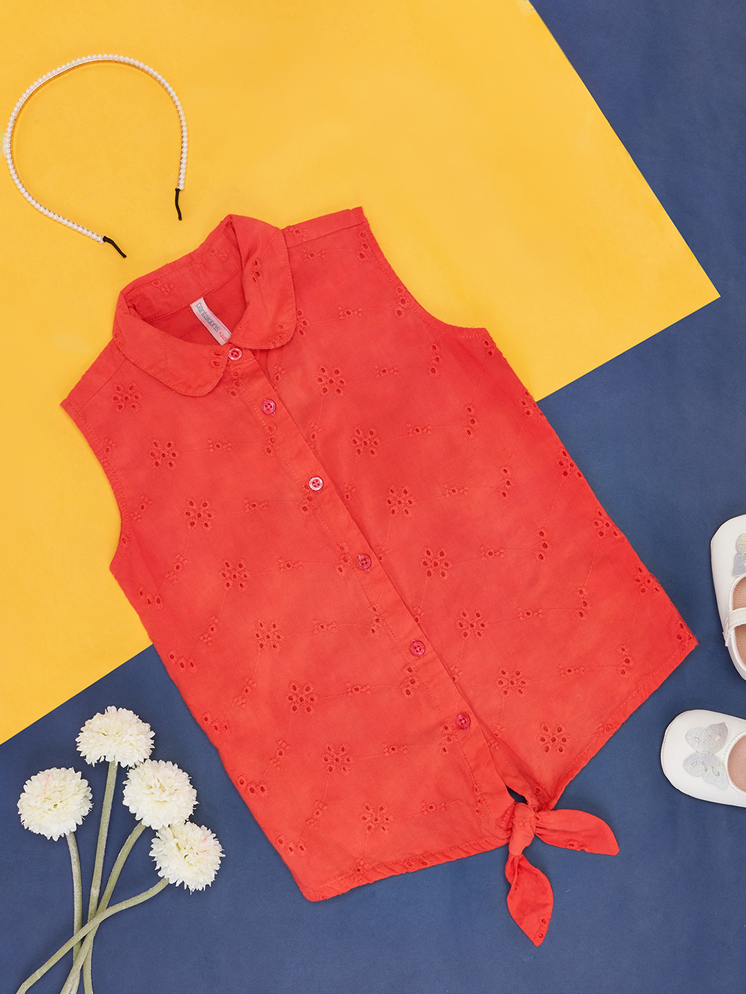 

Pantaloons Junior Coral Orange Floral Schiffli Cotton Dress