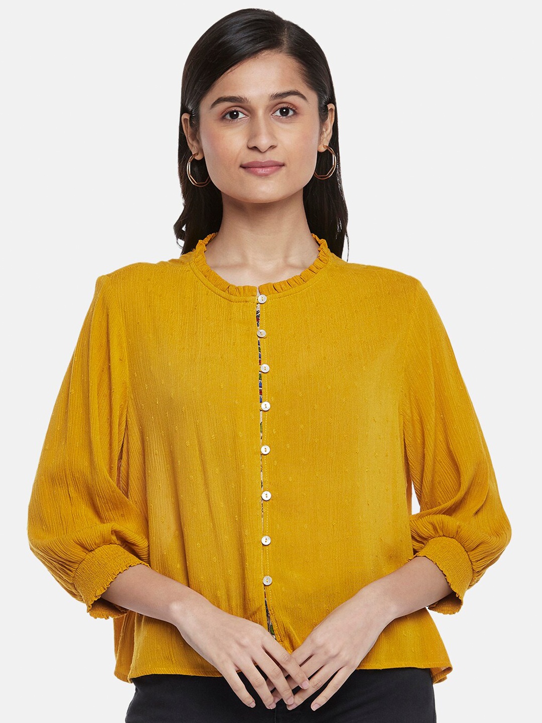

People Mustard Yellow Floral Crepe Top