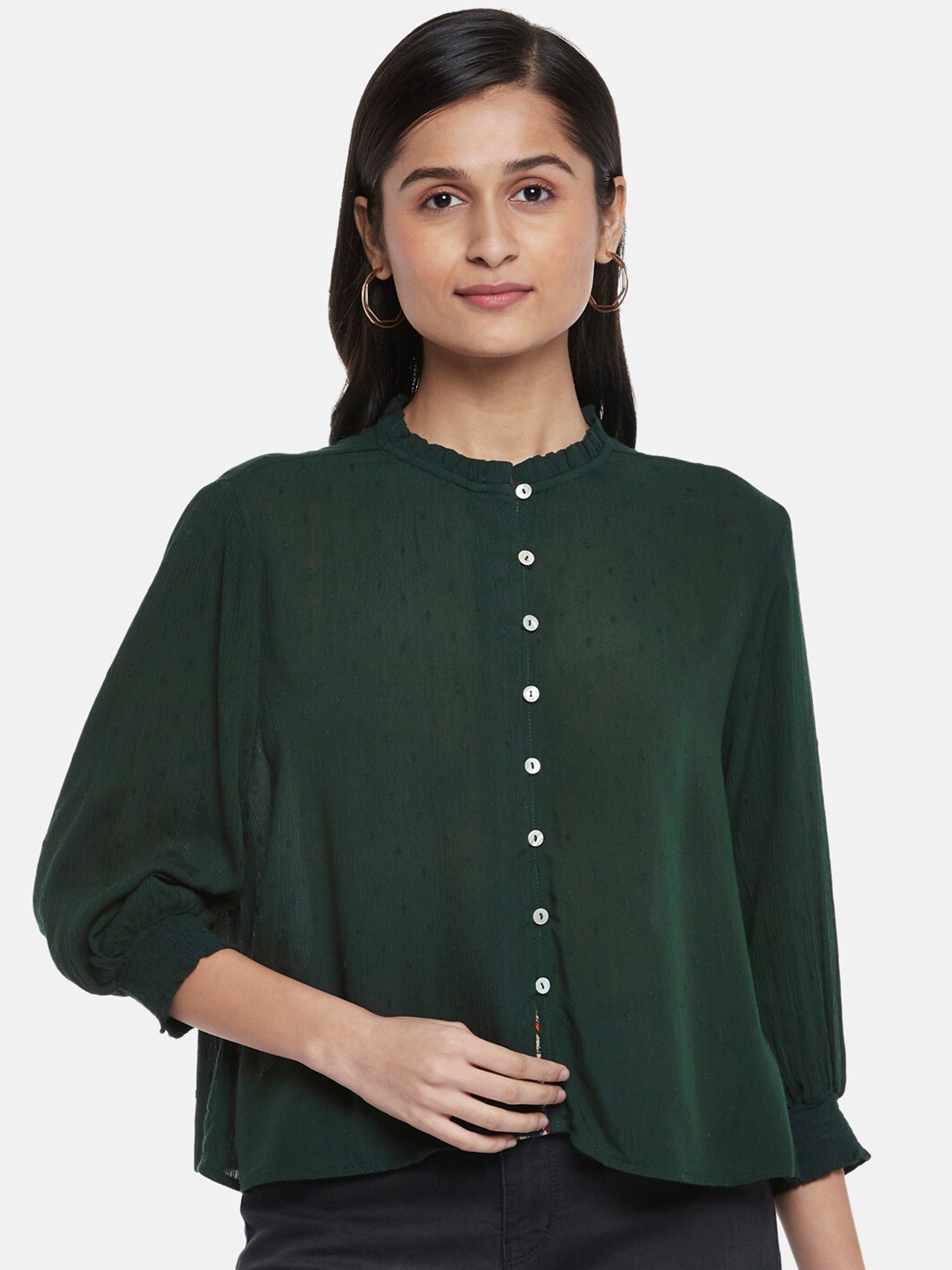 

People Women Green Self Design Band Collar Shirt Style Crepe Top