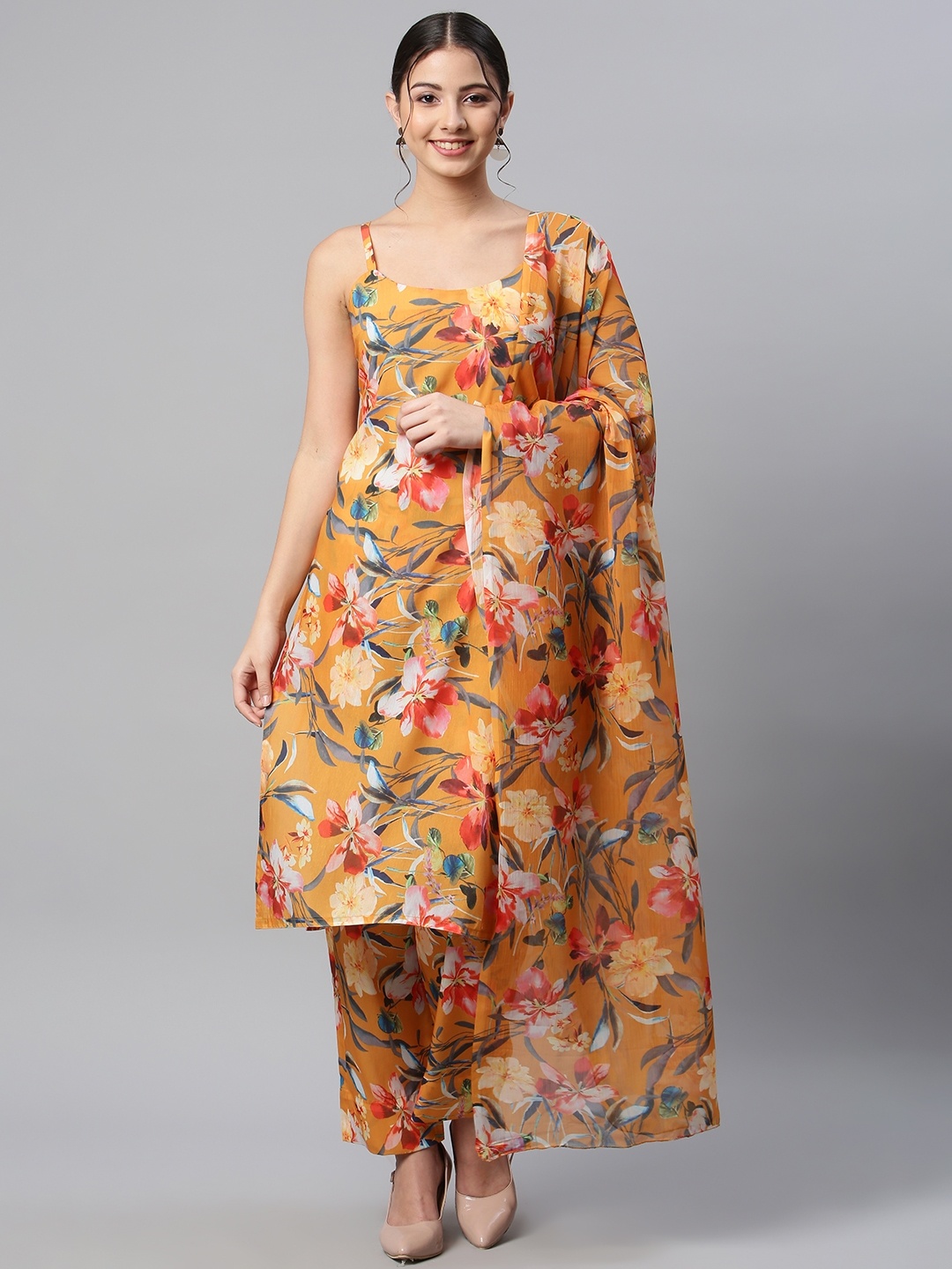 

SHADES OF FAASHION Women Mustard Yellow Floral Printed Pure Cotton Kurta with Palazzos & With Dupatta