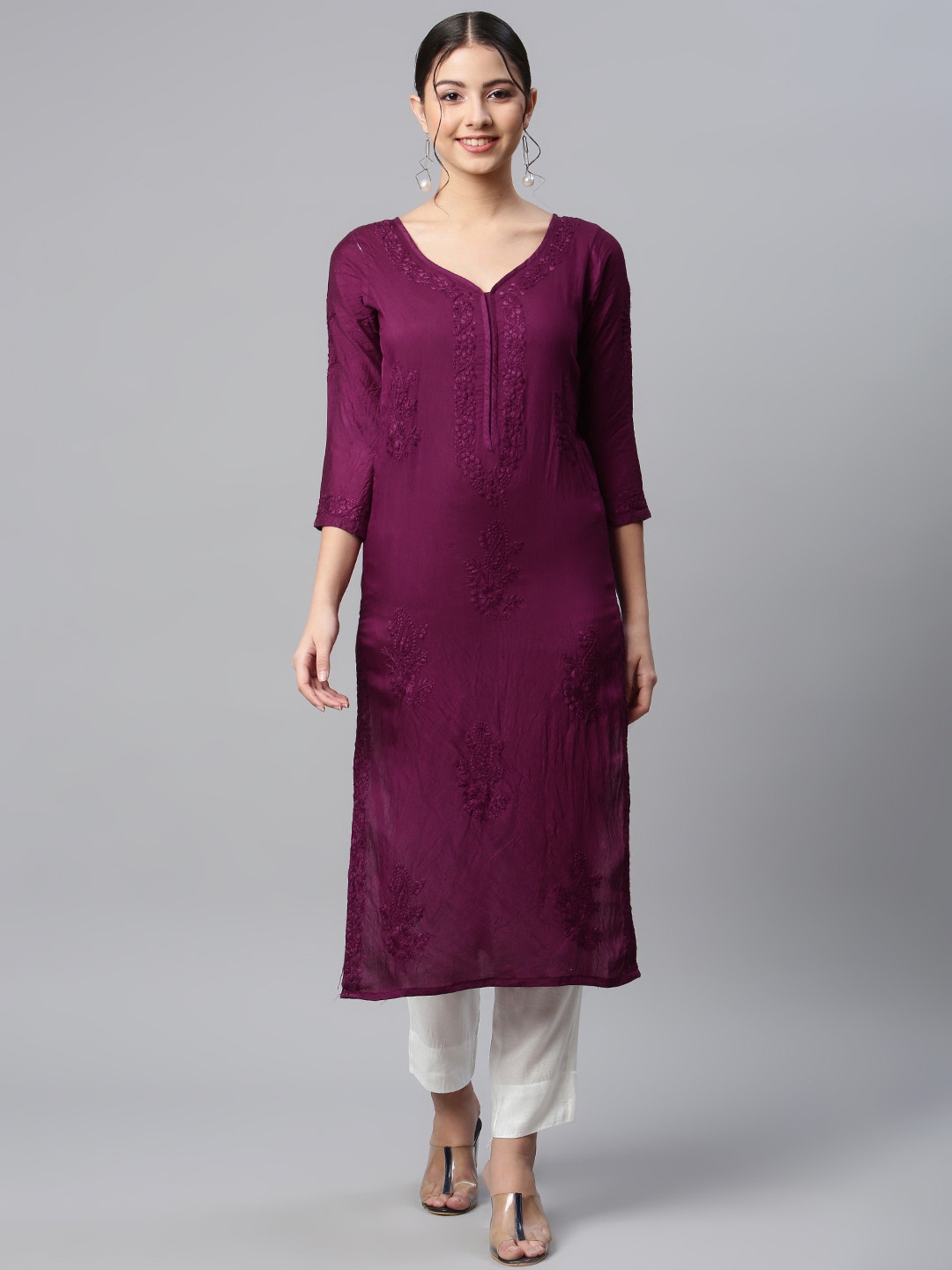 

SHADES OF FAASHION Women Purple Ethnic Motifs Chikankari Chanderi Silk Kurta