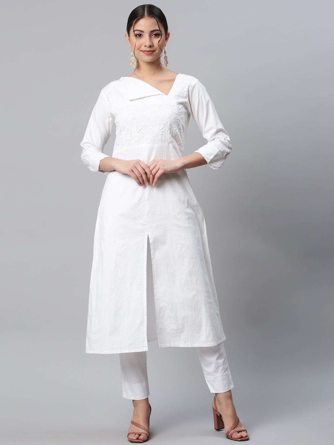 

SHADES OF FAASHION Women White Chikankari Stretchable Kurta with Trouser