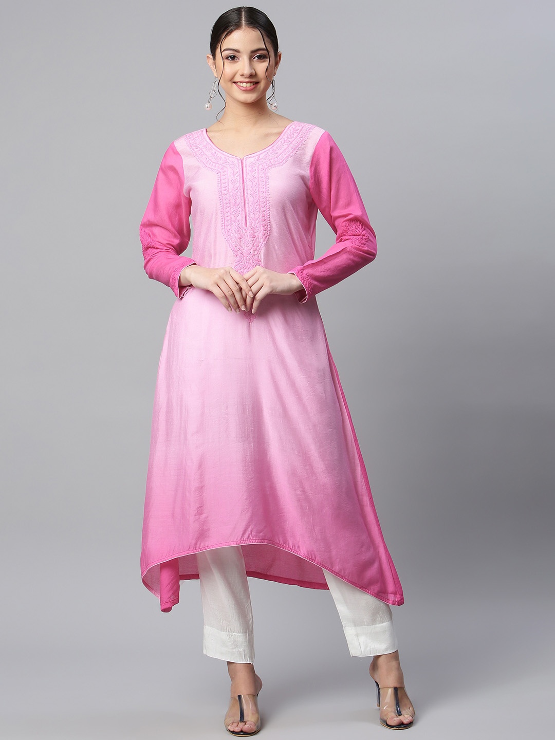 

SHADES Women Pink Ombre Chikankari Chanderi Silk Kurta