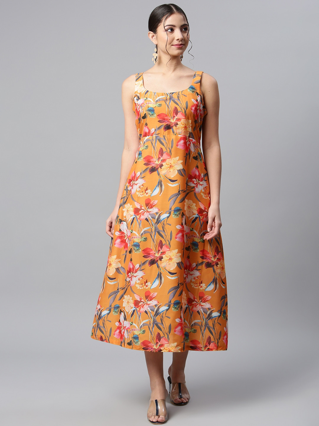 

SHADES Mustard Yellow & Pink Floral A-Line Midi Dress