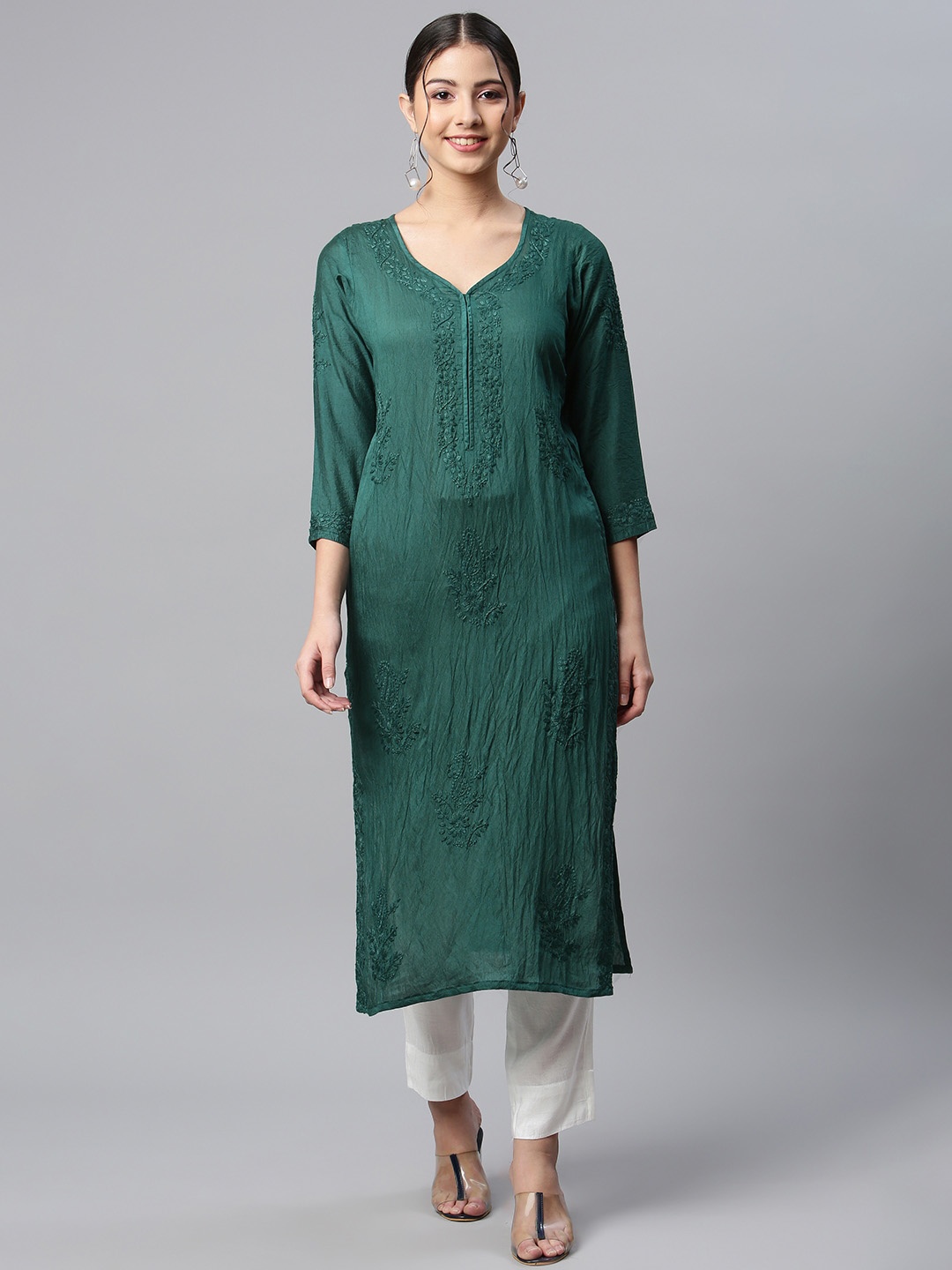 

SHADES Women Teal Chikankari Chanderi Silk Kurta