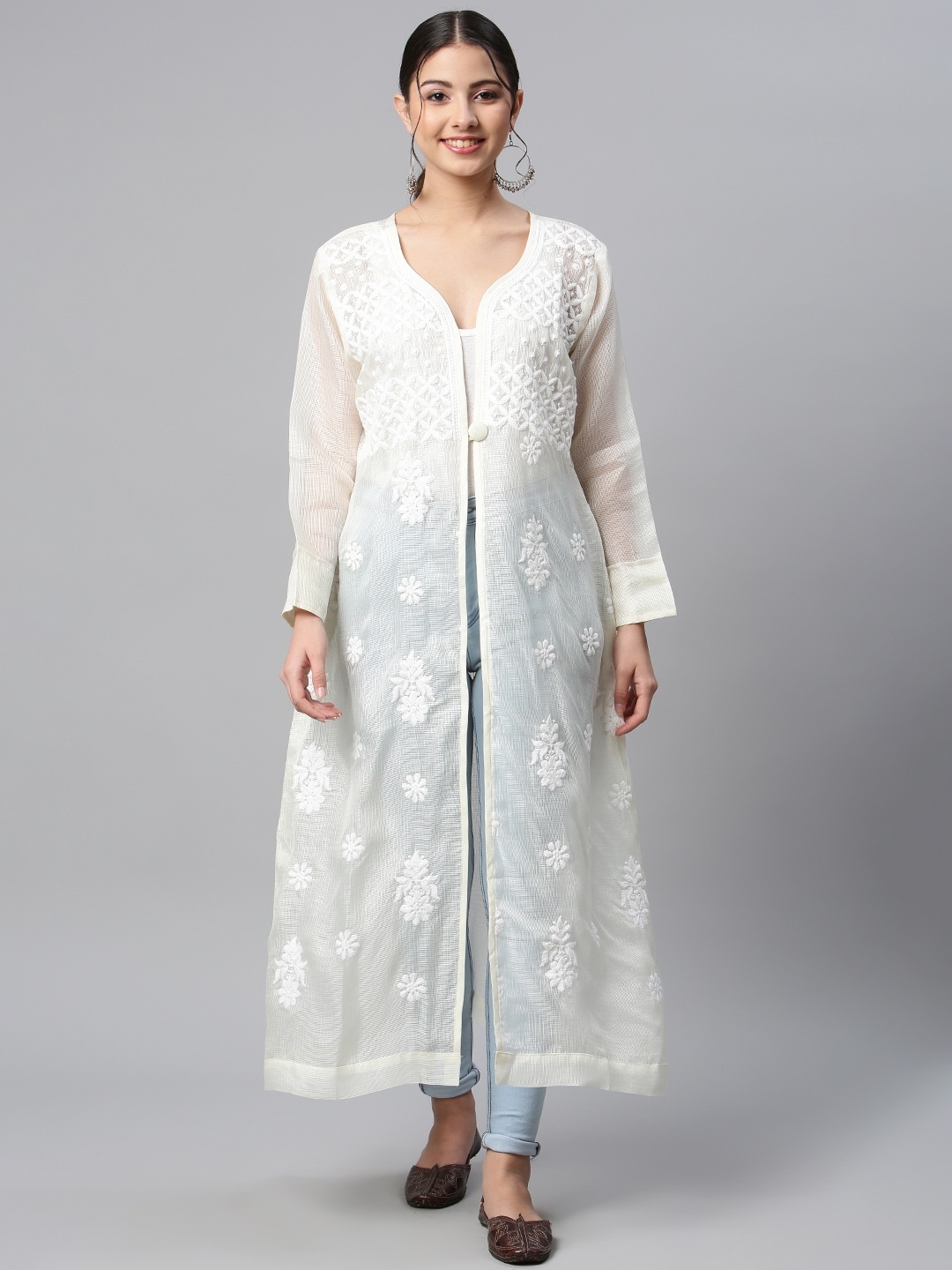

SHADES Women Longline Chikankari Shrug, White