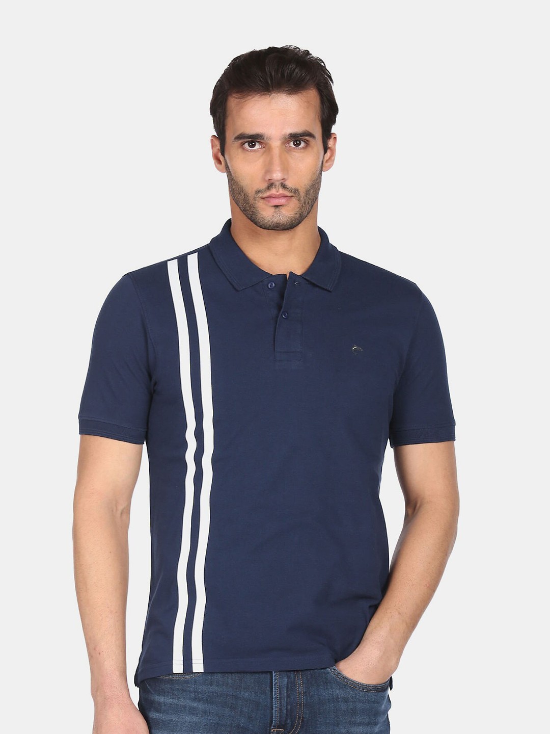 

Ruggers Men Navy Blue & White Striped Pure Cotton Polo Collar T-shirt