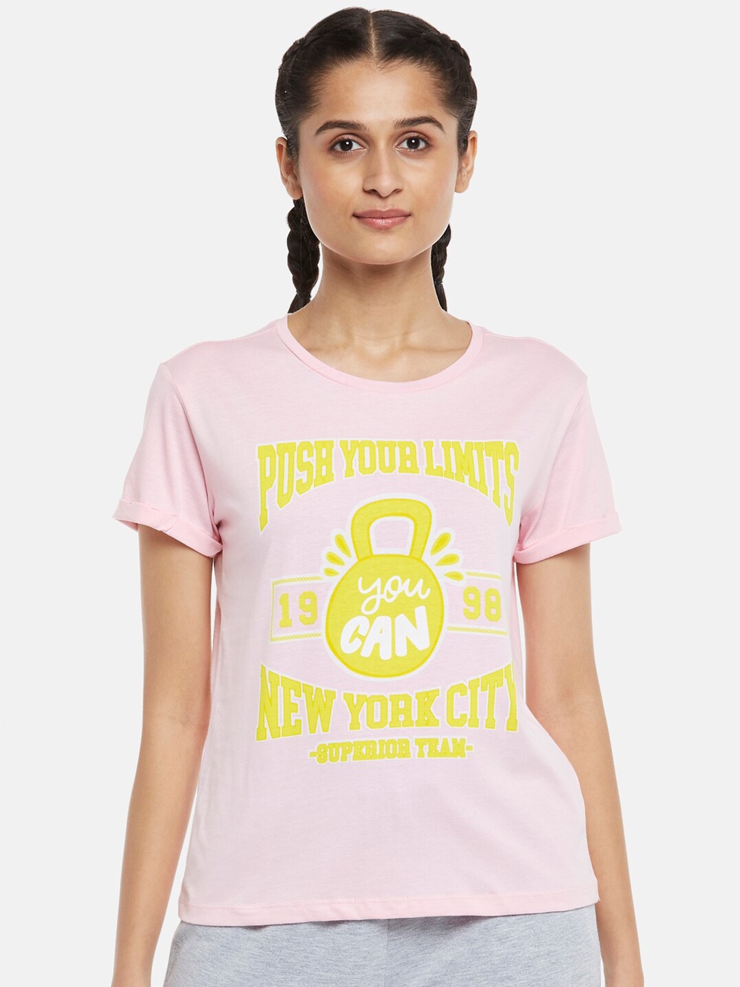 

Ajile by Pantaloons Women Pink Typography Printed Cotton T-shirt