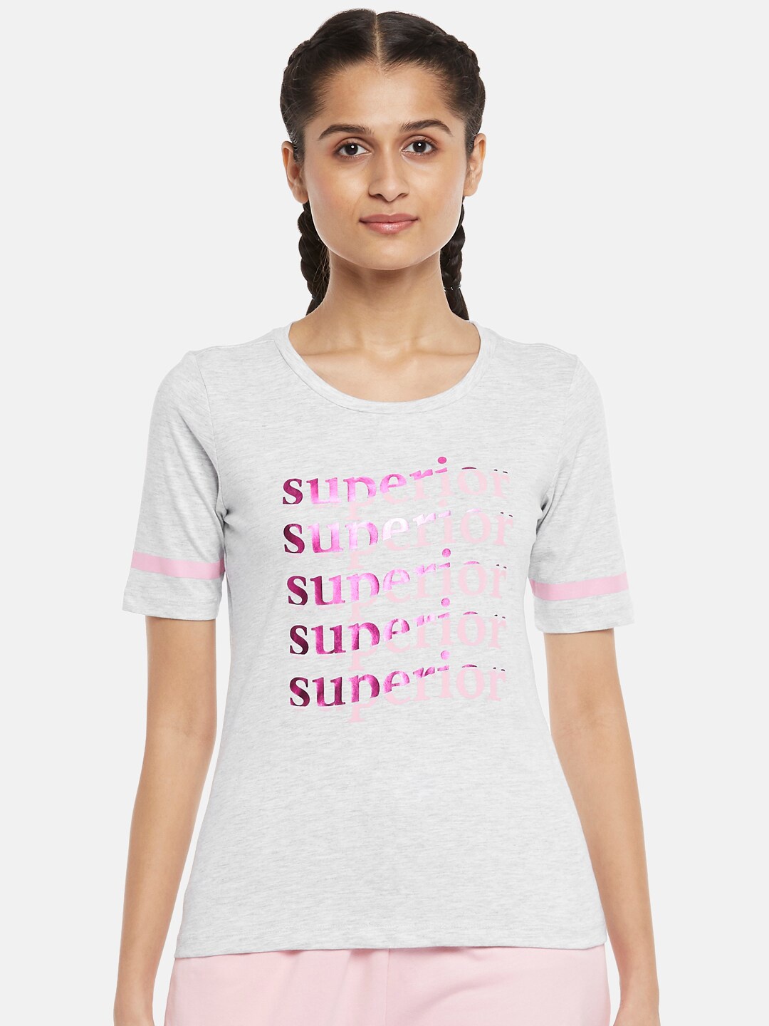 

Ajile by Pantaloons Women Grey Melange & Pink Typography Printed T-shirt