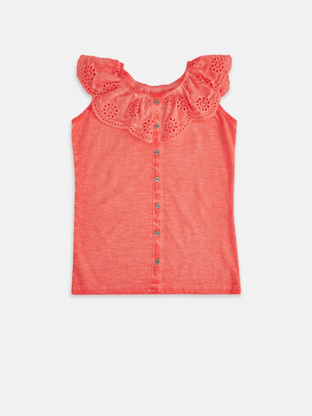 

Pantaloons Junior Coral Red Schiffli Ruffles Cotton Shirt Style Top