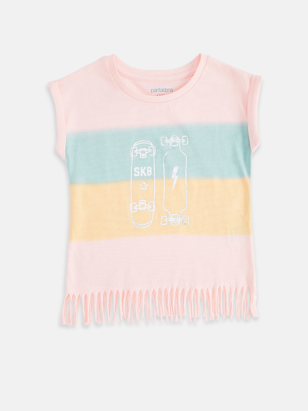 

Pantaloons Junior Girls Multicoloured Striped Extended Sleeves Tropical T-shirt, Multi