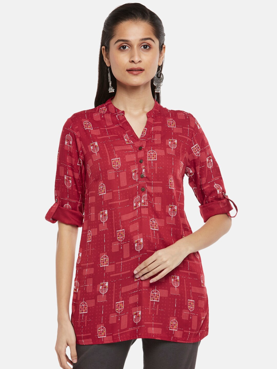 

AKKRITI BY PANTALOONS Red Shirt Collar Printed Tunic