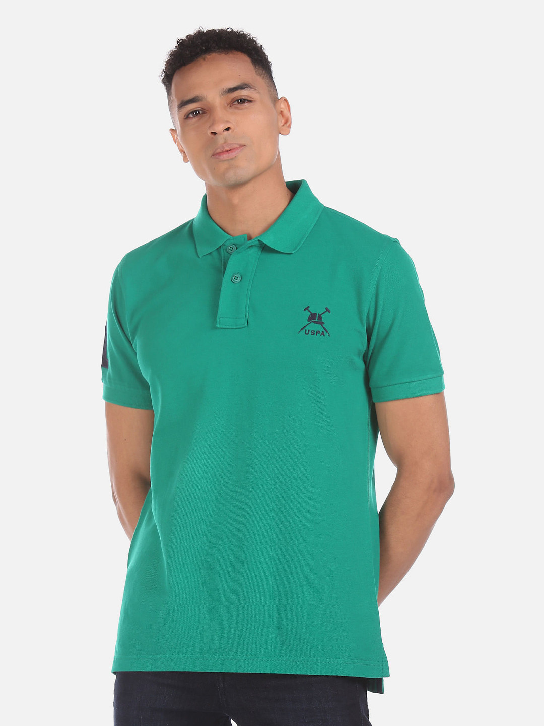 

U S Polo Assn Men Green Solid Polo Collar Cotton T-shirt