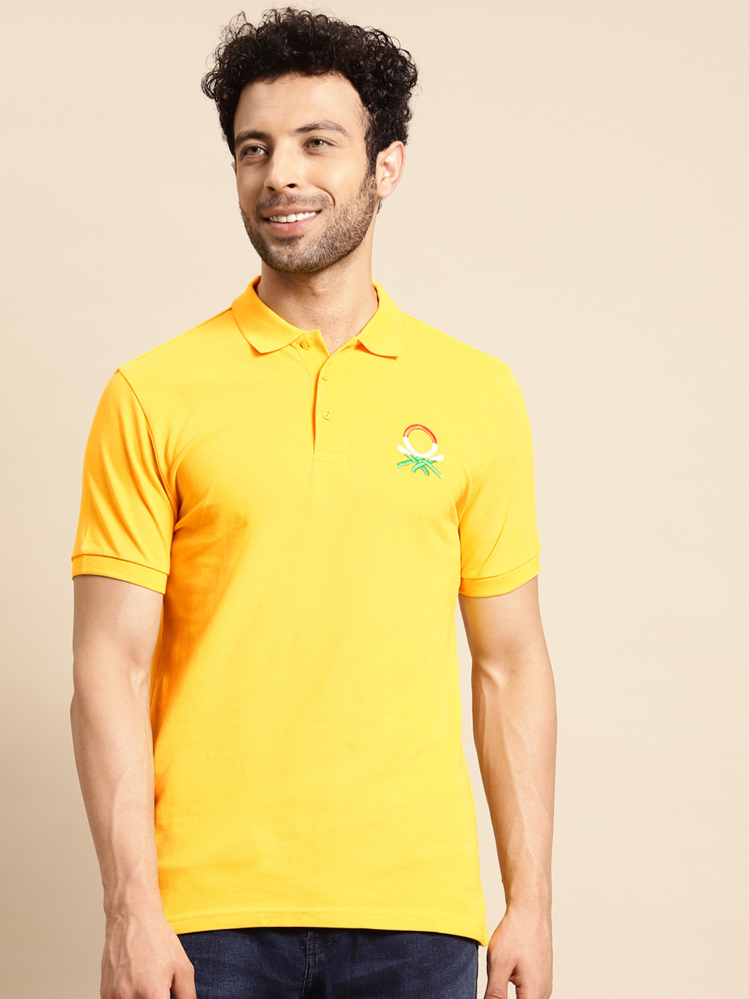 

United Colors of Benetton Men Yellow Brand Logo Printed Polo Collar Pure Cotton T-shirt