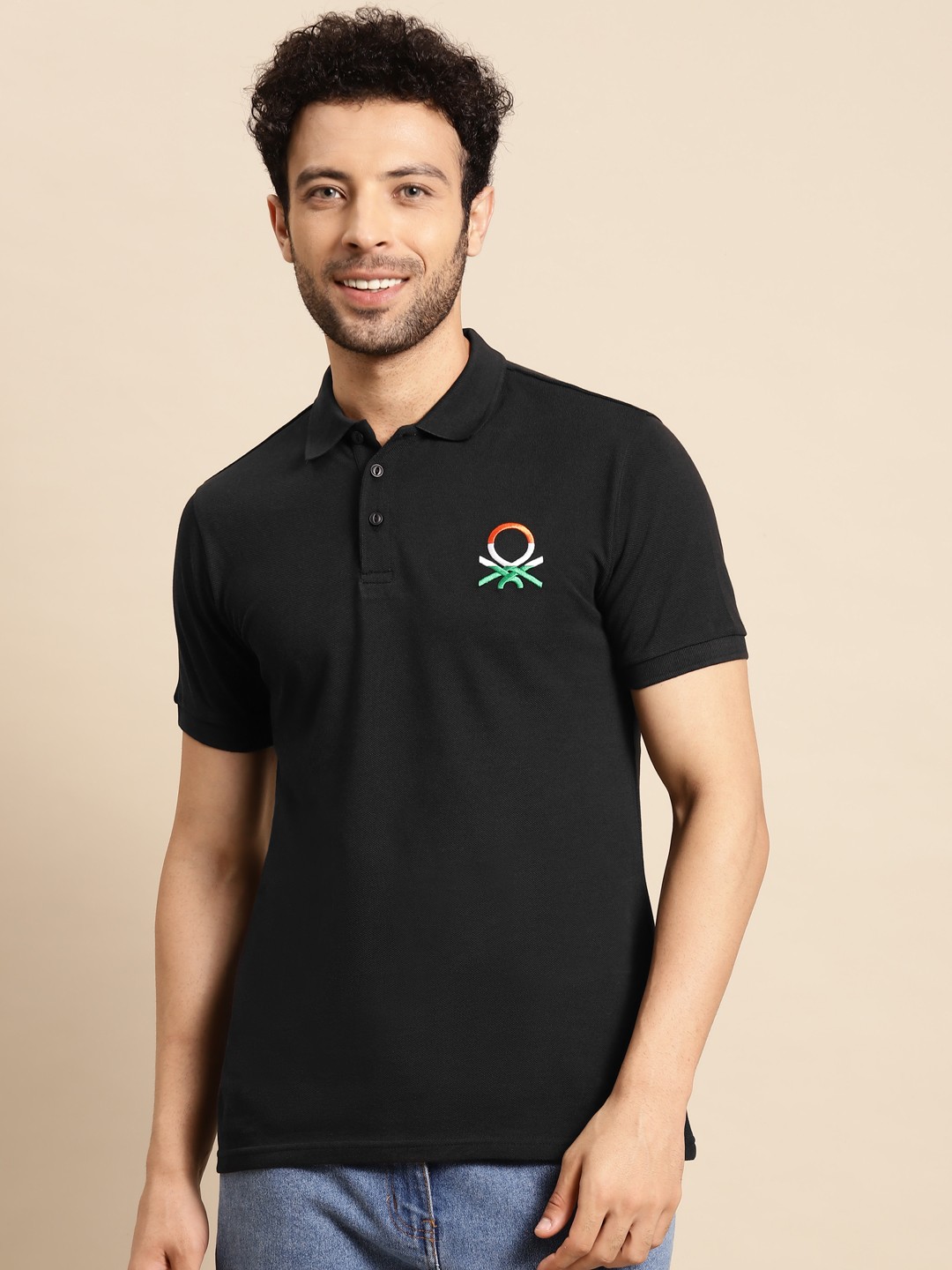 

United Colors of Benetton Men Black Brand Logo Printed Polo Collar Pure Cotton T-shirt