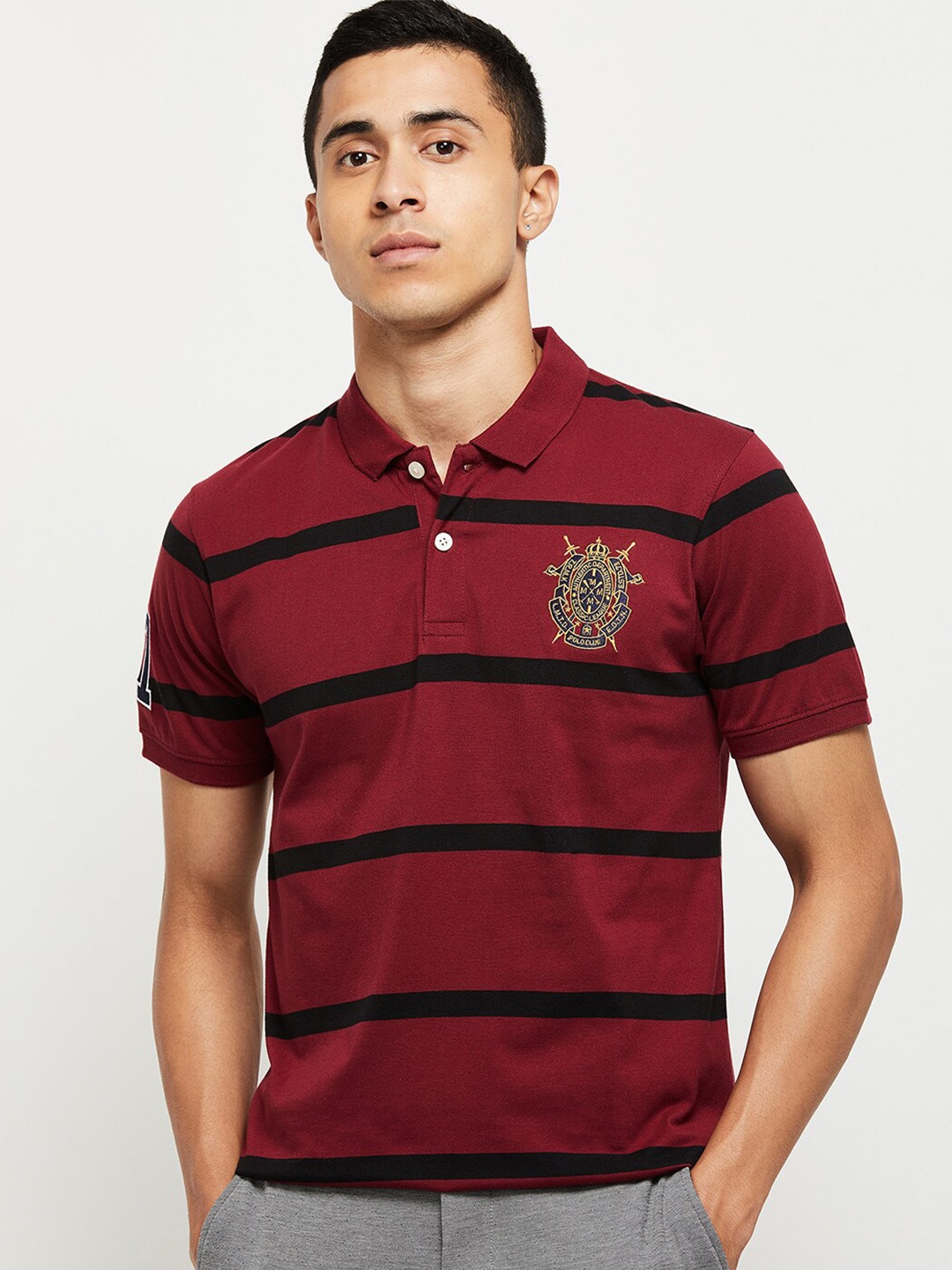 

max Men Maroon & Black Striped Polo Collar T-shirt