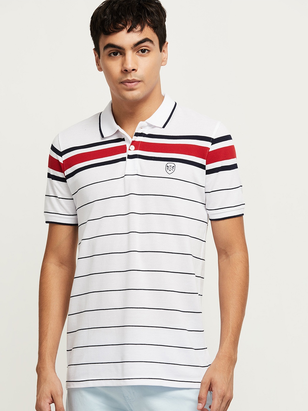 

max Men White & Black Striped Polo Collar T-shirt