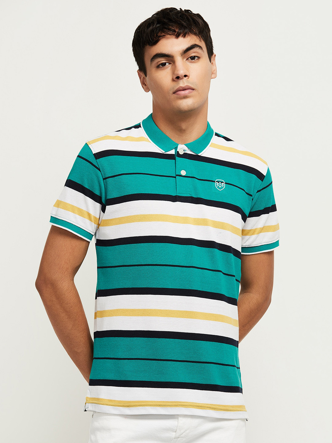 

max Men Teal Green & Yellow Striped Polo Collar T-shirt