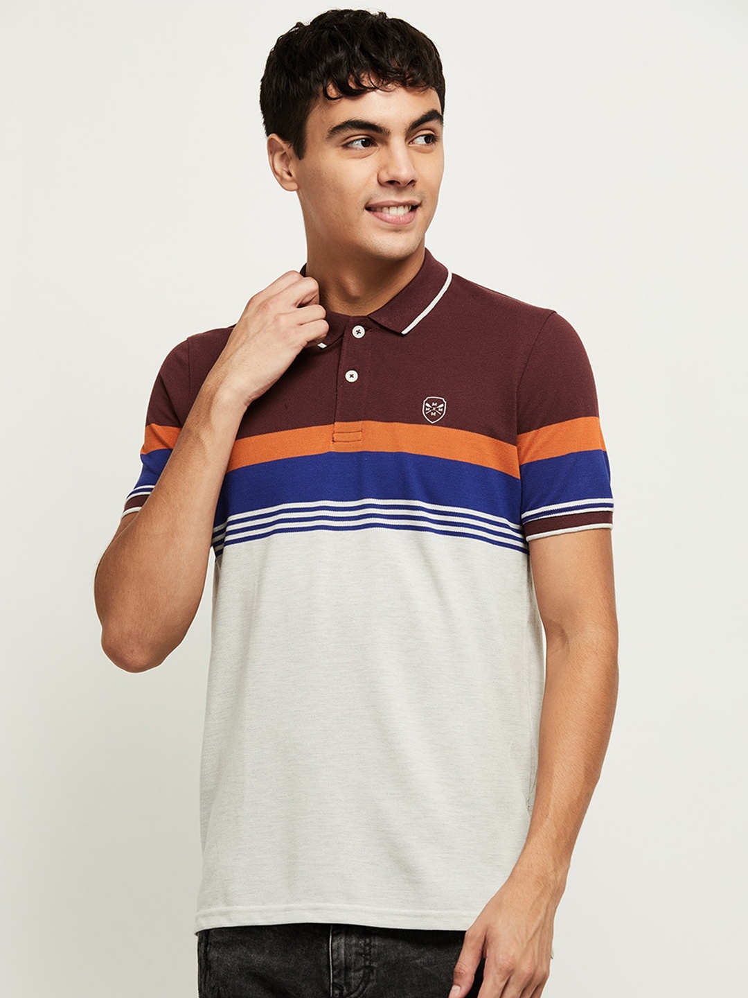 

max Men Burgundy & Off-White Striped Polo Collar T-shirt