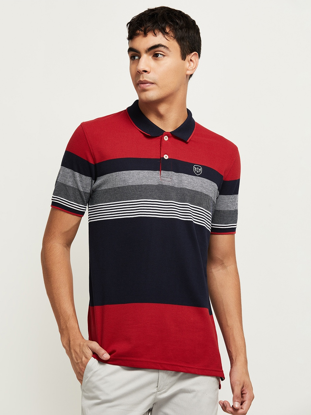 

max Men Red & Navy Blue Striped Polo Collar Cotton T-shirt