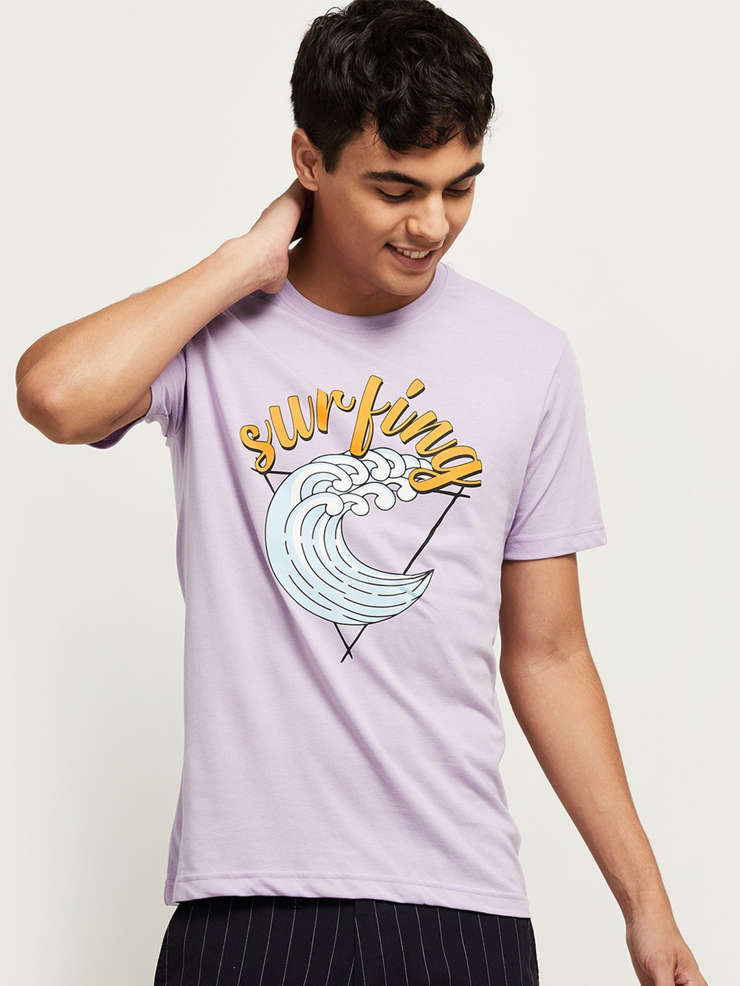 

max Men Purple Graphic Printed Pure Cotton T-shirt