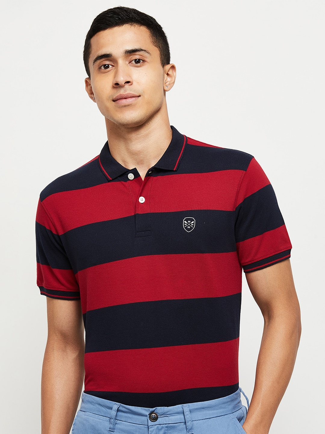 

max Men Red & Navy Blue Striped Polo Collar Cotton T-shirt