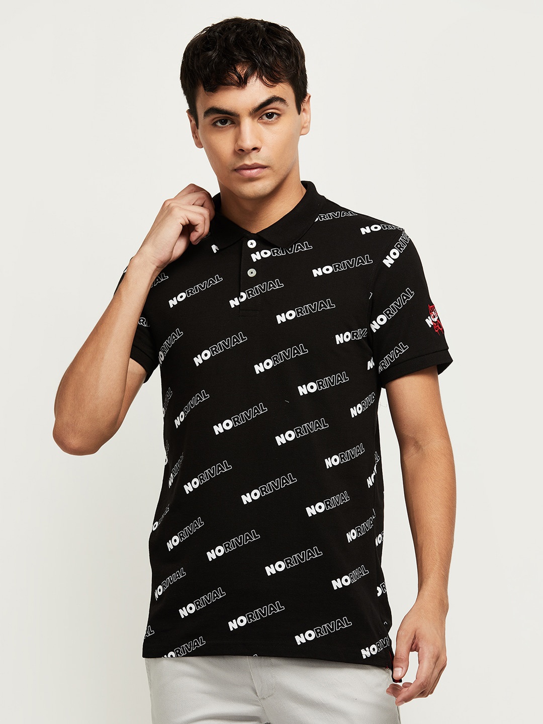 

max Men Black & White Typography Printed Polo Collar Monochrome T-shirt