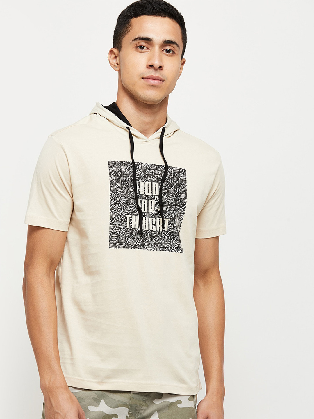 

max Men Beige Typography Printed Pure Cotton T-shirt
