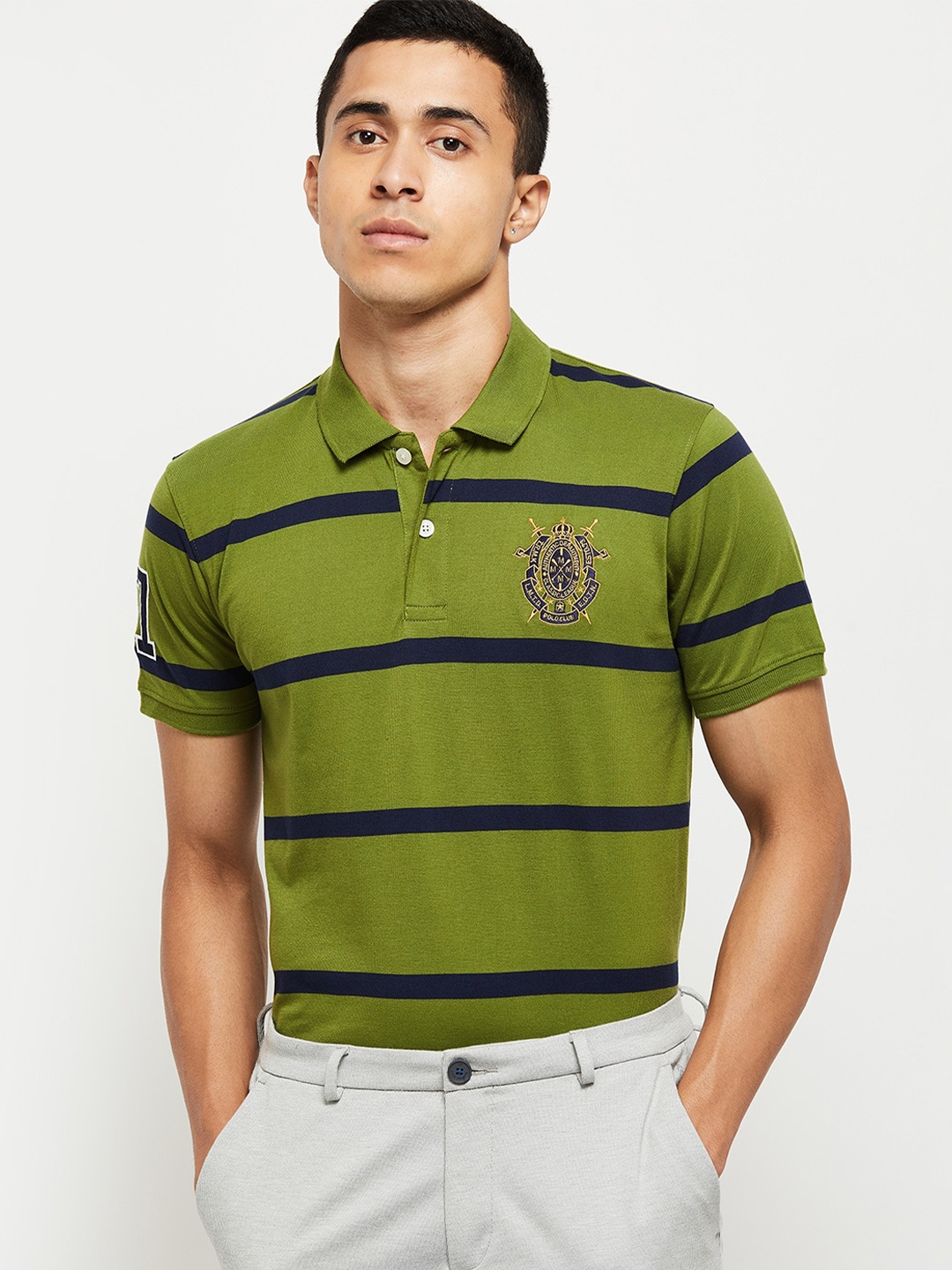 

max Men Olive Green Striped Polo Collar Cotton T-shirt
