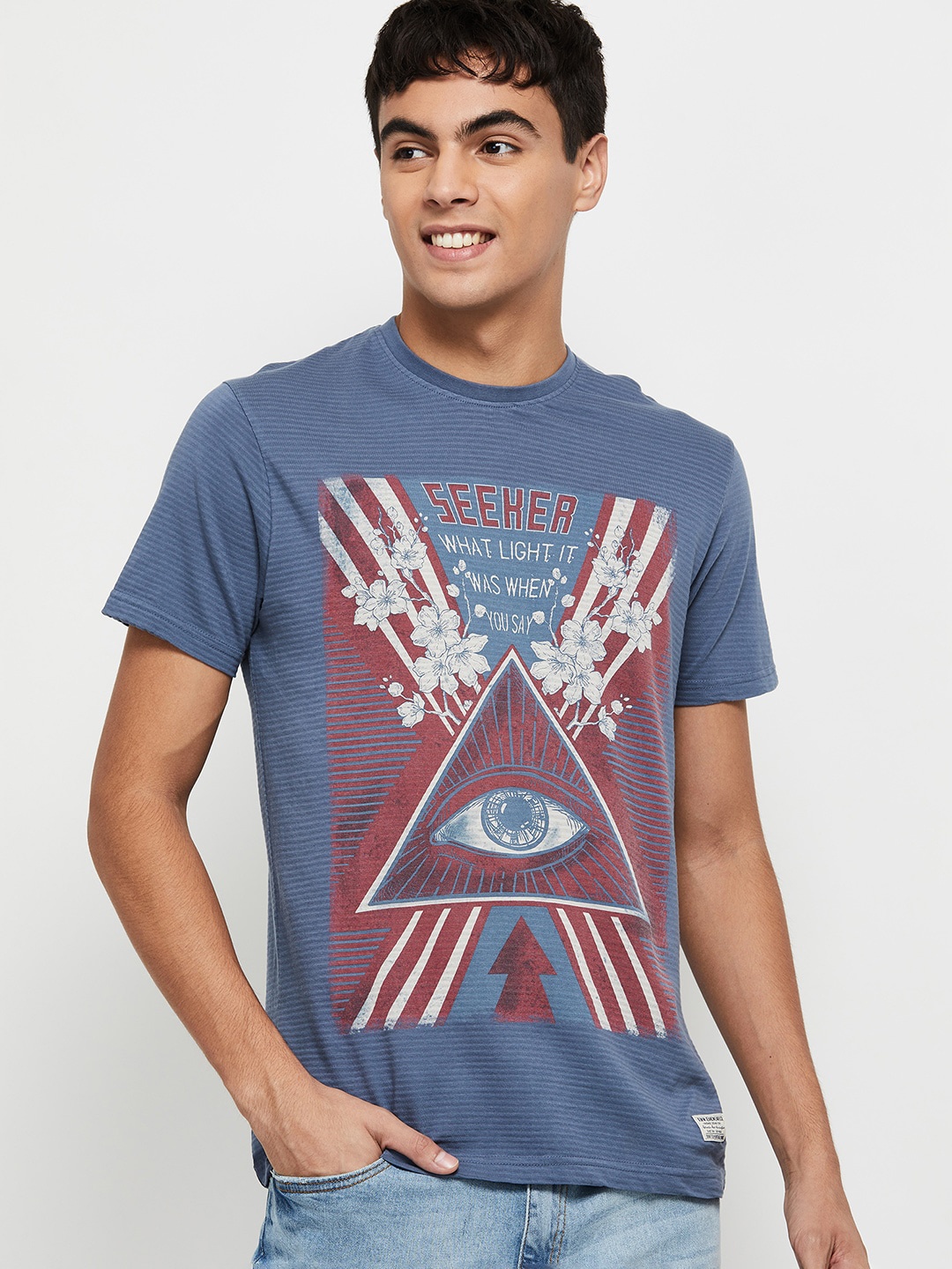 

max Men Blue Graphic Printed Pure Cotton T-shirt