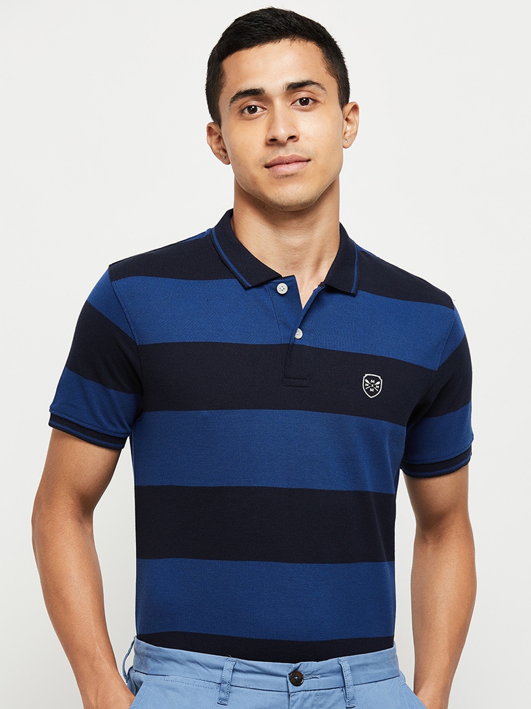 

max Men Navy Blue Striped Polo Collar Cotton T-shirt