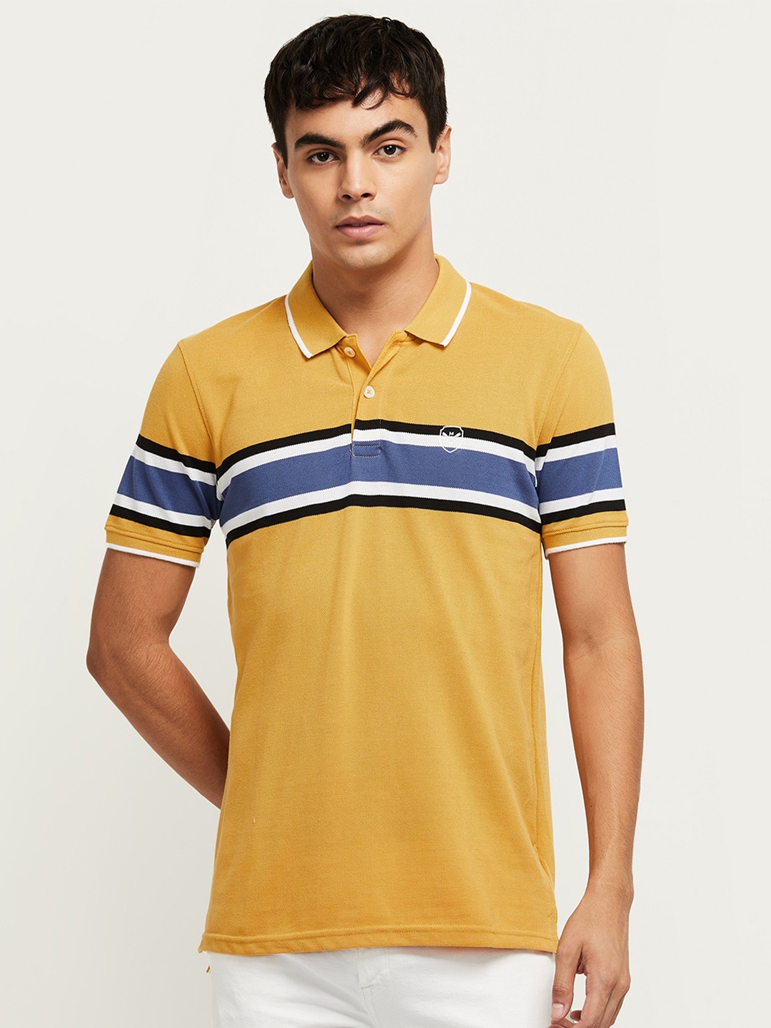 

max Men Yellow Striped Polo Collar Cotton T-shirt