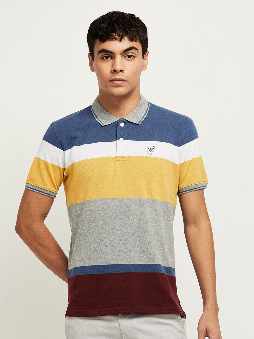 

max Men Blue & Yellow Striped Polo Collar T-shirt