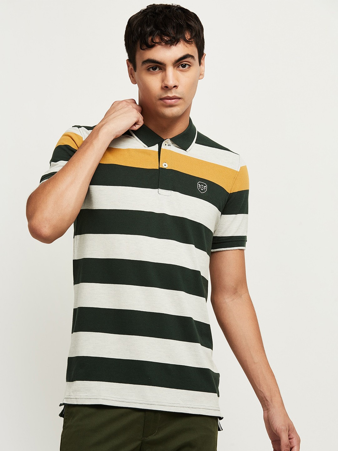 

max Men Green & White Striped Polo Collar Cotton T-shirt