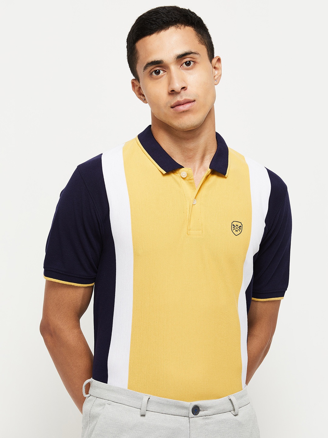 

max Men Yellow & Navy Blue Colourblocked Polo Collar Cotton T-shirt