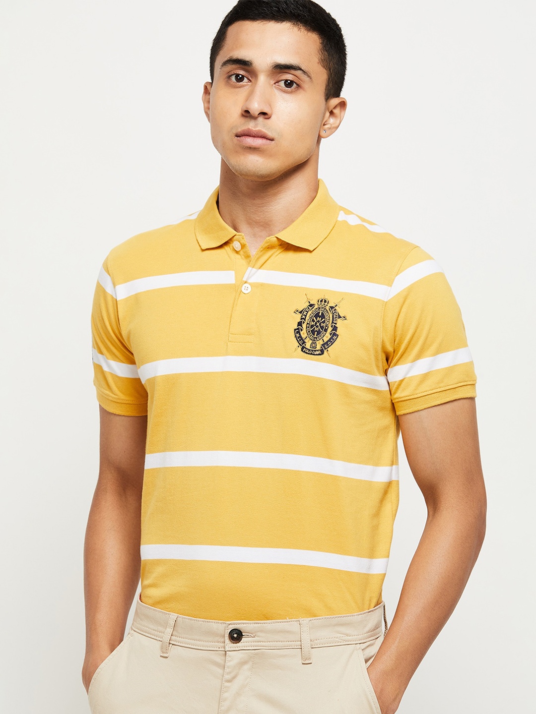 

max Men Yellow Striped Polo Collar Cotton T-shirt