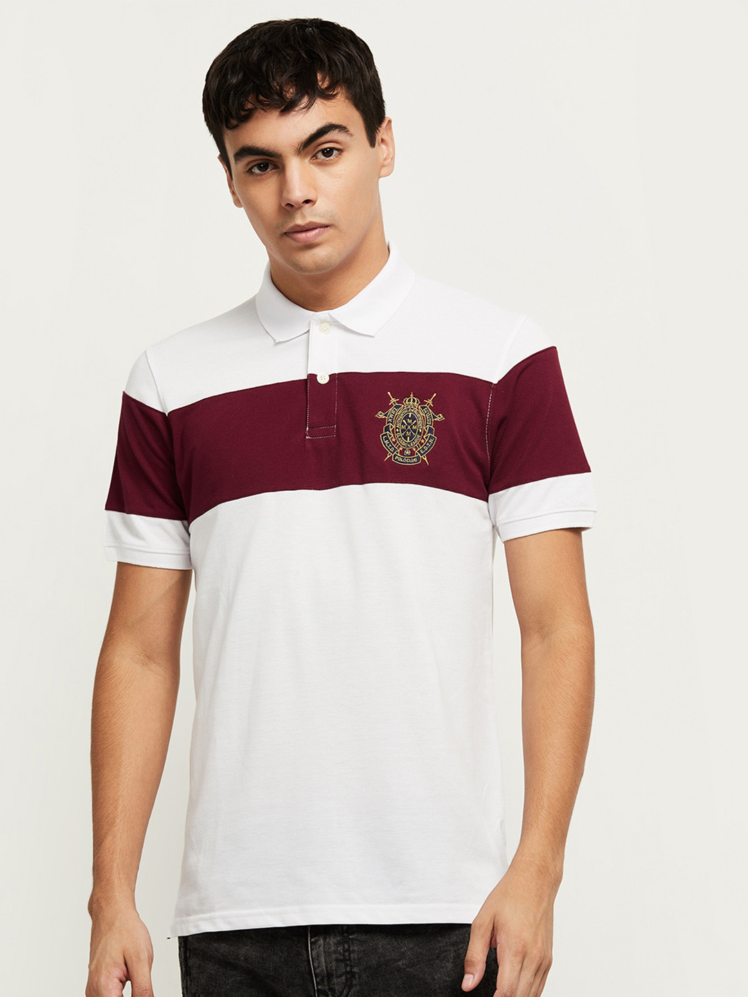 

max Men White & Maroon Colourblocked Polo Collar T-shirt, Green