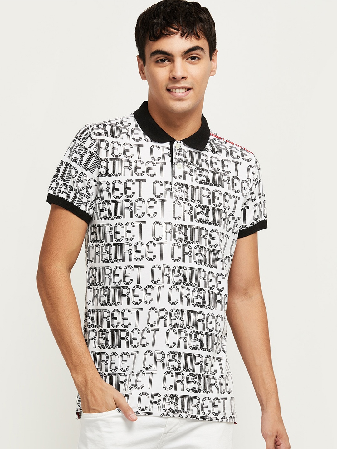 

max Men White Typography Printed Polo Collar Cotton T-shirt