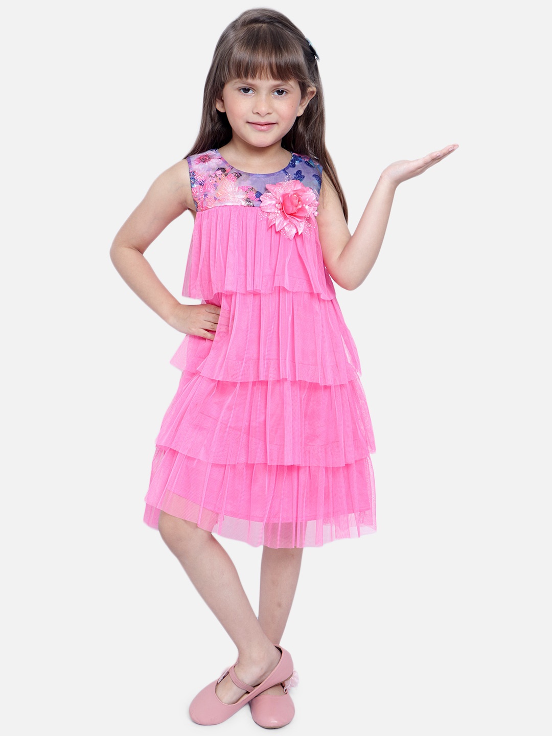 

Nauti Nati Girls Pink Floral Printed Net A-Line Dress